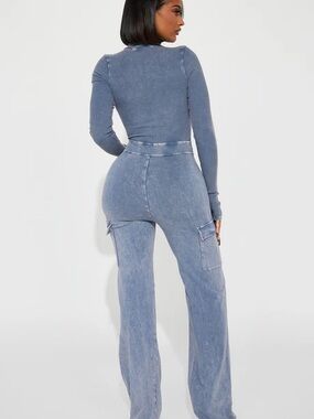 Fashion Nova Women's Straight Leg Cargo Jumpsuit in Dusty Blue